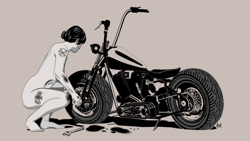 16:9 barefoot black_and_white chopper convenient_censoring dark_hair dirty feet female grand_theft_auto grand_theft_auto_online grand_theft_auto_v grease hair_bun legs looking_away motorcycle naked nude original_character squatting tattoo white_skin wrench