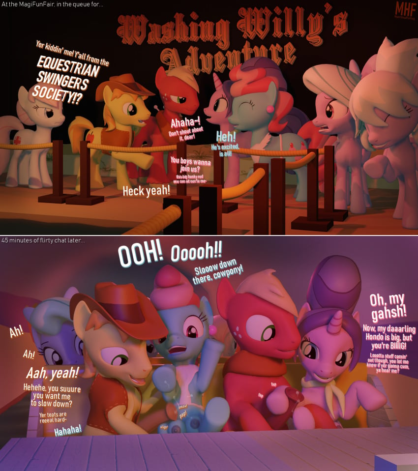 3d 3d_(artwork) big_macintosh_(mlp) big_penis braeburn_(mlp) cloud_chaser_(mlp) cockslap comic cookie_crumbles_(mlp) crotchboobs cup_cake_(mlp) dialogue digital_media_(artwork) earth_pony equid equine exhibitionism female feral flitter_(mlp) friendship_is_magic group group_sex handjob hi_res horn horrified horse laugh male mammal mature_female moorsheadfalling my_little_pony nurse_redheart penile penis pony public sex straight swingers swinging text unicorn