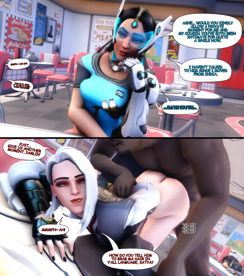 3d ambiguous_penetration ashe_(overwatch) blue-tinted_eyewear bulldog_position comic dark-skinned_male doggy_style english_text indian interracial jallersfm overwatch route_66_(map) sex source_filmmaker symmetra text tinted_eyewear visor