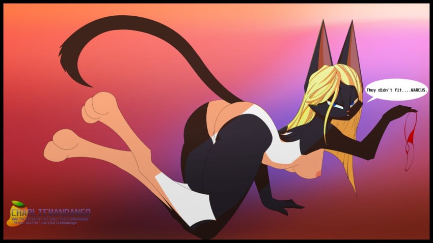 16:9 anthro black_fur blonde_hair blue_eyes breasts charlie_mandango clothing domestic_cat dreamkeepers felid feline felis female fur hair looking_at_viewer looking_back mammal nipples nude panties pink_nose pussy solo the_wayward_astronomer thong vanir white_fur