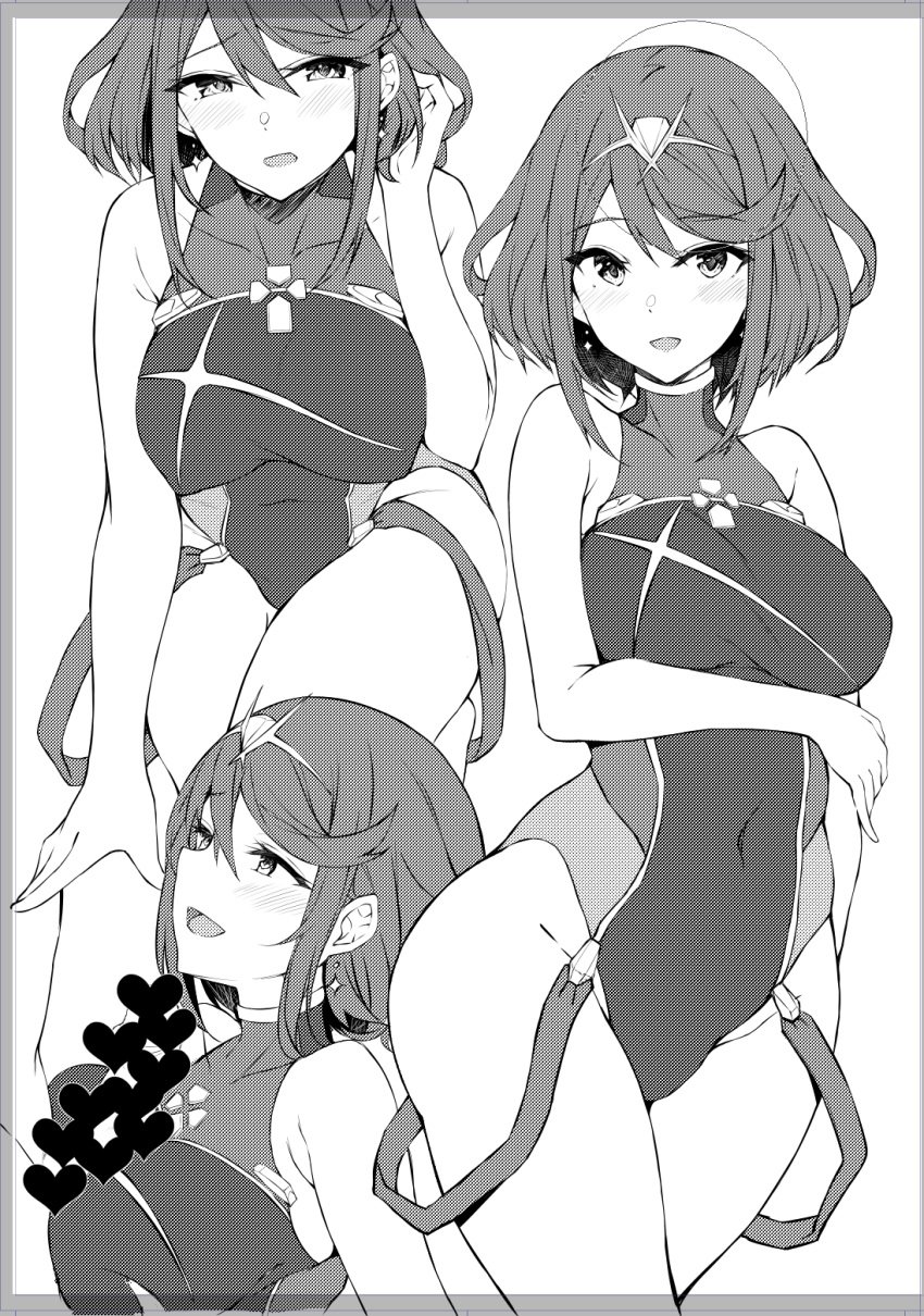 1boy 1girls bangs bare_arms bare_shoulders between_breasts breast_grab breast_hold breasts censored competition_swimsuit covered_navel doujinshi eyebrows_visible_through_hair female gem grabbing hair_ornament headpiece heart heart_censor highres jewelry large_breasts looking_at_viewer monochrome naughty_face nintendo one-piece_swimsuit open_mouth paizuri penis pose pyra short_hair smile solo_focus swept_bangs swimsuit tetora_(yumejihuka) thighs tiara white_background wide_hips xenoblade_(series) xenoblade_chronicles_2