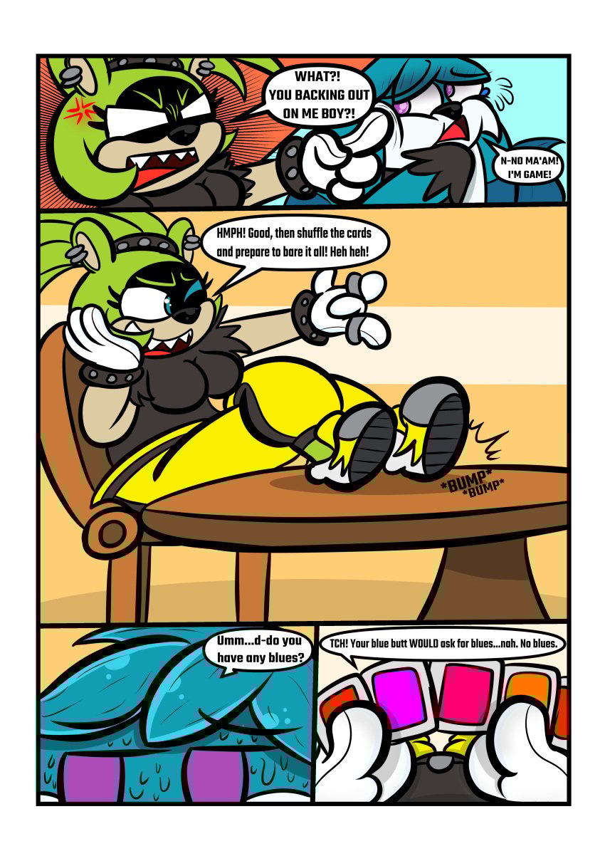 absurd_res accessory afrosoricid annoyed anthro blue_eyes bottomwear bracelet canid canine card card_deck card_game clothed clothed_anthro clothed_female clothed_male clothing comic cuff_bracelet dialogue duo ear_piercing ear_ring english_text female fennec_fox foot_on_table footwear fox fully_clothed fully_clothed_anthro fully_clothed_female fully_clothed_male furniture gaming hair_accessory hairband hi_res idw_publishing jewelry kaokaoarts kitsunami_the_fennec male mammal oddkao pants piercing poking poking_cheek purple_eyes quills_(anatomy) ring_piercing sega shirt shoes sonic_(series) sonic_the_hedgehog_(comics) sonic_the_hedgehog_(idw) sonic_the_hedgehog_(series) speech_bubble strip_game strip_games strip_gaming surge_the_tenrec table tenrec text topwear true_fox white_sclera