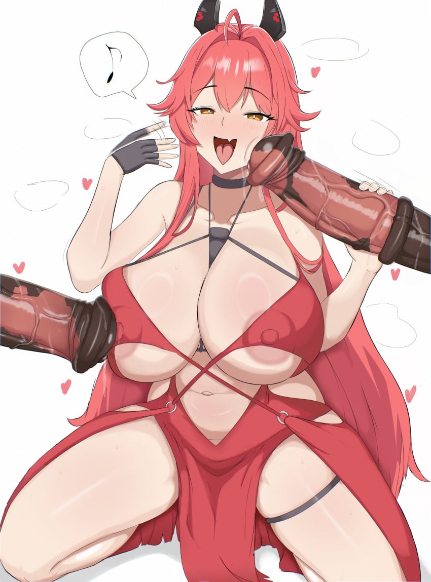 absurdres afterimage ahoge animal_penis areola_slip areolae_slip black_gloves blush collarbone covered_nipples double-parted_bangs dress female fingerless_gloves full_body giacmertanfine gloves goddess_of_victory:_nikke hair_between_eyes hair_ornament handjob heart highres horse_penis huge_cock kneeling long_hair motion_lines musical_note navel oerba_yun_fang open_mouth orange_eyes penis pink_hair puffy_nipples red_dress red_eyes red_hood_(nikke) red_hood_(nonsense_red)_(nikke) revealing_clothes simple_background skin_fang skindentation spoken_musical_note stomach thigh_strap thighs uncensored veins veiny_penis very_long_hair white_background zoophilia