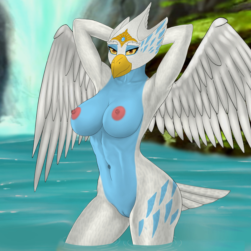 1:1 accipitrid accipitriform areola avian bathing bird breasts eagle emperorstarscream eris_(legends_of_chima) female half-closed_eyes hi_res legends_of_chima lego nipples pussy solo water