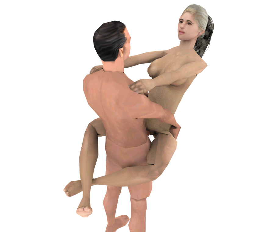 1boy 1girls 3d 3d_(artwork) big_breasts big_nipples black_hair blender blonde_hair couple female grand_theft_auto grand_theft_auto:_hot_coffee grand_theft_auto:_san_andreas idle low_poly lowpoly sex simple_background stand_and_carry_position standing standing_sex two white_background