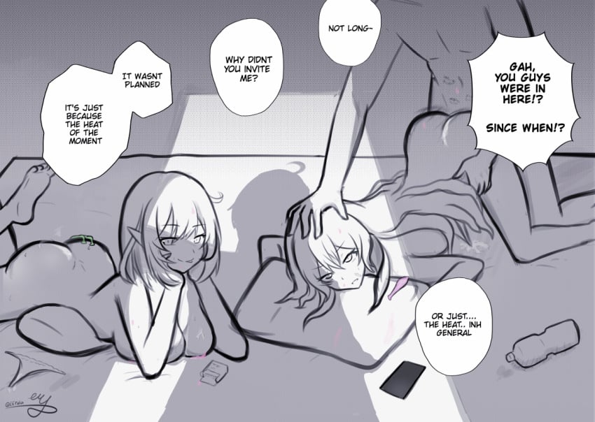 1boy ass barefoot bottle breasts commentary completely_nude doggy_style elf elysia_(honkai_impact) english_text eruda eruda_erudia feet grabbing_another&#039;s_head greyscale honkai_(series) honkai_impact_3rd kiana_kaslana large_breasts looking_at_another lying mobius_(honkai_impact) monochrome nude on_stomach panties pillow pointy_ears sex sex_from_behind soles speech_bubble straight toes underwear unworn_panties