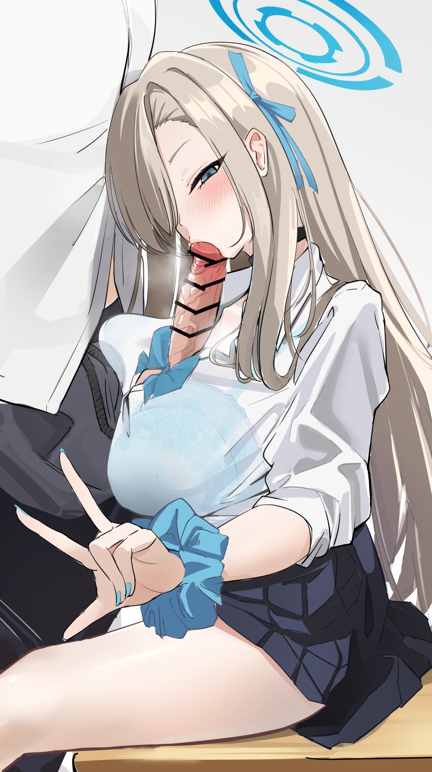 1boy absurdres asuna_(blue_archive) asuna_(school_uniform)_(blue_archive) asymmetrical_bangs black_choker black_skirt blue_archive blue_bow blue_bowtie blue_halo blue_nails blue_ribbon blue_scrunchie bow bowtie button_gap choker desk fellatio female hair_over_one_eye halo highres looking_to_the_side loose_bowtie on_desk oral penis ribbon school_uniform scrunchie sensei_(blue_archive) skirt sleeves_rolled_up straight thighs v wrist_scrunchie ykt_scl