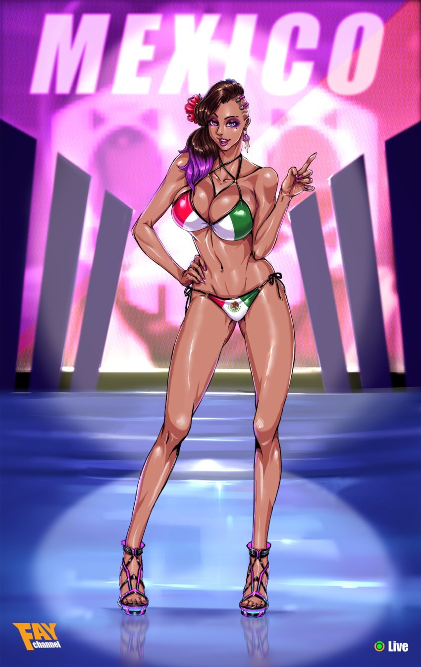 1girls big_breasts bikini blizzard_entertainment breasts brown_hair cleavage dark-skinned_female dark_skin faymantra female female_only flag_bikini highlights large_breasts latina long_hair looking_at_viewer mexican_flag mexican_flag_bikini mexicana_sombra overwatch overwatch_2 solo sombra video_games