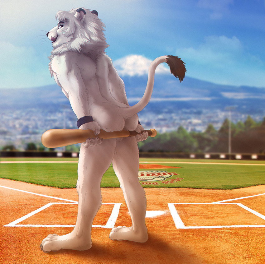 ass backsack balls baseball_bat bat_(object) felid hi_res leo_(saitama_seibu_lions) lion male male_only mammal mascot nippon_professional_baseball nude outside pantherine public saitama_seibu_lions solo tongue tongue_out zen