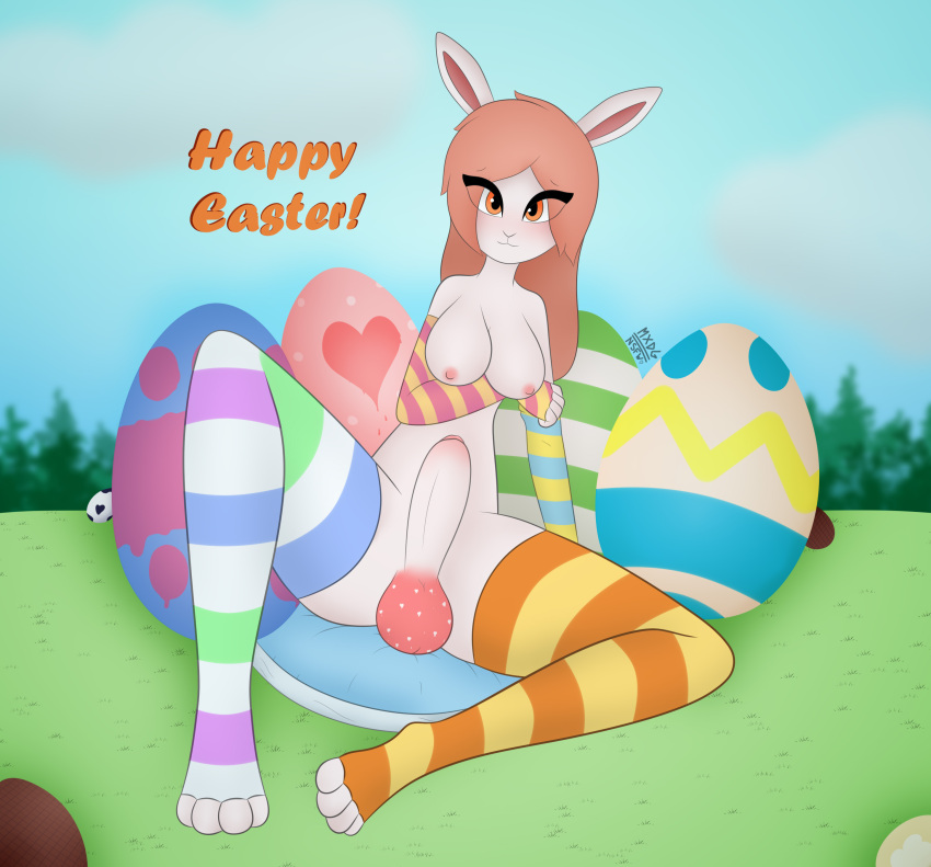 1futa absurd_res anthro balls blush bodypaint breasts candy chocolate chocolate_egg clothing dessert dickgirl easter easter_balls easter_egg egg food futa_only futanari genitals gynomorph hi_res holidays intersex lagomorph legwear mammal max_draws molly_(max_draws) nipples painted_balls penis rabbid raving_rabbids rayman_(series) sleeves solo spread_legs spreading stockings text ubisoft video_games