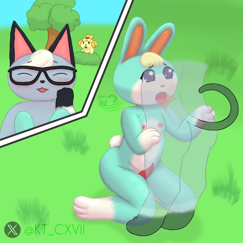 absurd_res animal_crossing animal_genitalia animal_penis anthro caught_in_the_act chibi duo felid feline feline_genitalia feline_penis fellatio genitals hi_res isabelle_(animal_crossing) k-cxvii lagomorph lagomorph_penis leporid male male/male mammal multiple_panel nintendo nipples oral penile penis rabbit raymond_(animal_crossing) sasha_(animal_crossing) sex