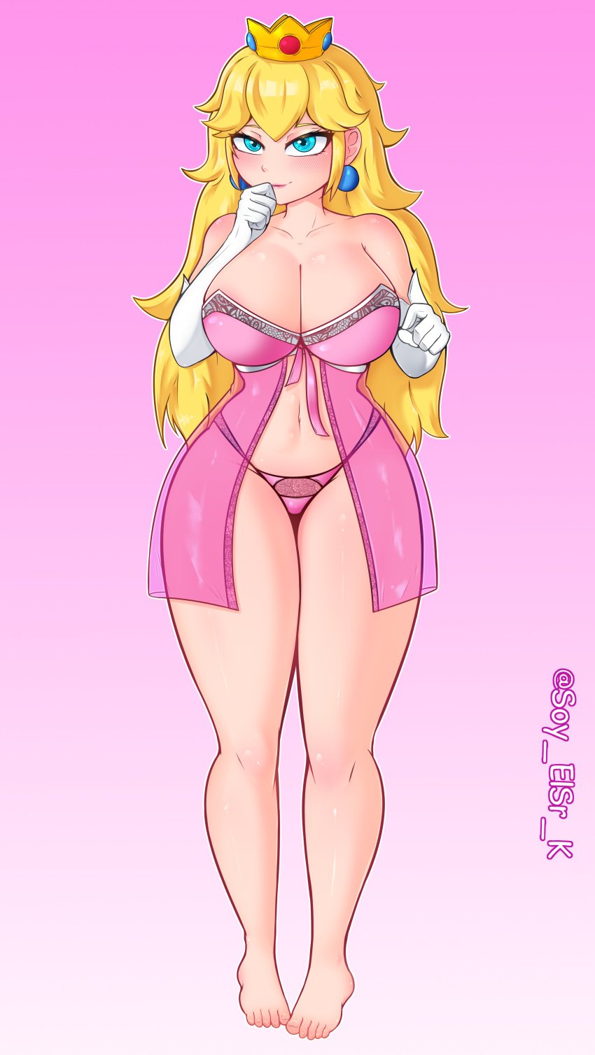 1girls alternate_version_at_source alternate_version_available big_breasts blonde_hair blue_eyes child_bearing_hips crown curvy female female_focus female_only large_breasts lingerie lingerie_only lingerie_panties mario_(series) navel nintendo princess princess_peach seductive seductive_eyes seductive_look seductive_smile smile soy_elsr_k super_mario_bros. voluptuous white_gloves yellow_hair