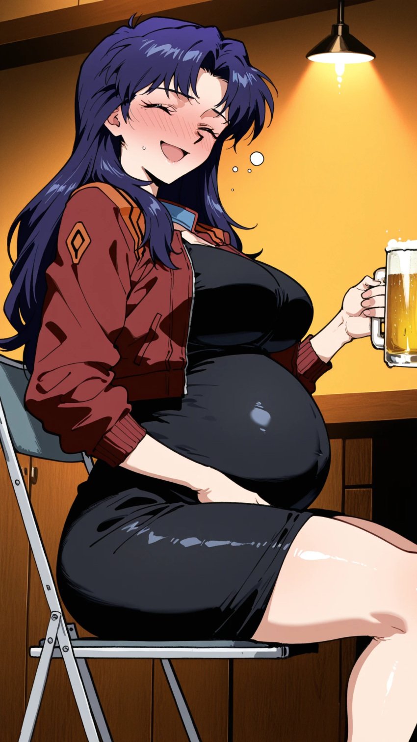 ai_art ai_assisted ai_generated ass belly belly_expansion big_ass big_belly big_breasts curvy dark_hair drunk female female misato_katsuragi neon_genesis_evangelion neopn_genesis_evangelion nude pregnant pub red_eyes voluptuous voluptuous_female white_skin