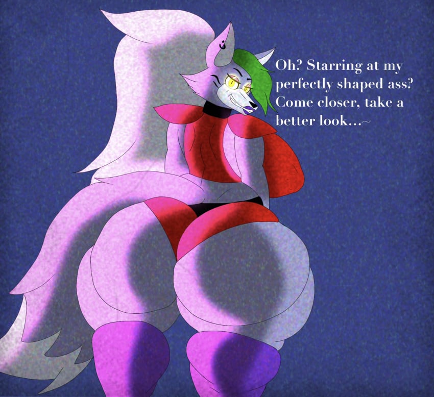 1girls anthro ass_bigger_than_head big_breasts booty_shorts breasts bubble_butt clothed clothing dumbwolfperson ear_piercing earrings face_markings female female_only five_nights_at_freddy&#039;s five_nights_at_freddy&#039;s:_security_breach fnaf furry glowing_eyes green_hair grey_hair hips legwarmers legwear lipstick looking_back markings midriff_baring_shirt purple_body purple_fur roxanne_wolf_(fnaf) short_shorts shorts smile smiling snout solo steel_wool_studios tail text thick_thighs two_tone_body two_tone_fur two_tone_hair two_tone_tail white_fur wolf wolf_girl yellow_eyes