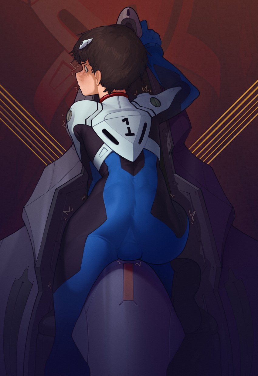 1boy backsack big_ass blush bulge bulge_through_clothing femboy from_behind looking_at_viewer looking_back male male_focus male_only mr_fuga neon_genesis_evangelion plugsuit rear_view shinji_ikari solo