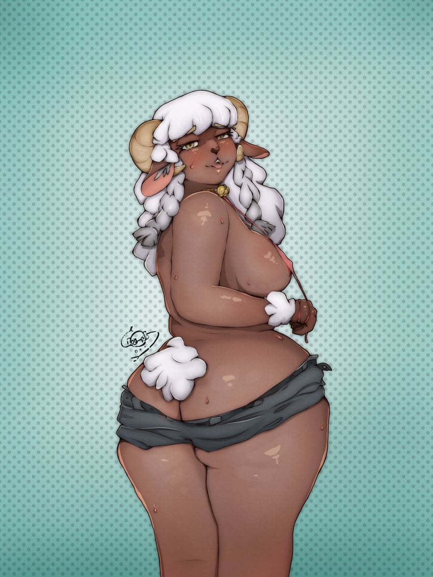 back_view big_breasts big_thighs big_titties breasts brown_skin curvaceous female female_focus female_only furry furry_female furry_only looking_at_viewer original original_character reboot_(artist) sheep sheep_girl white_fur