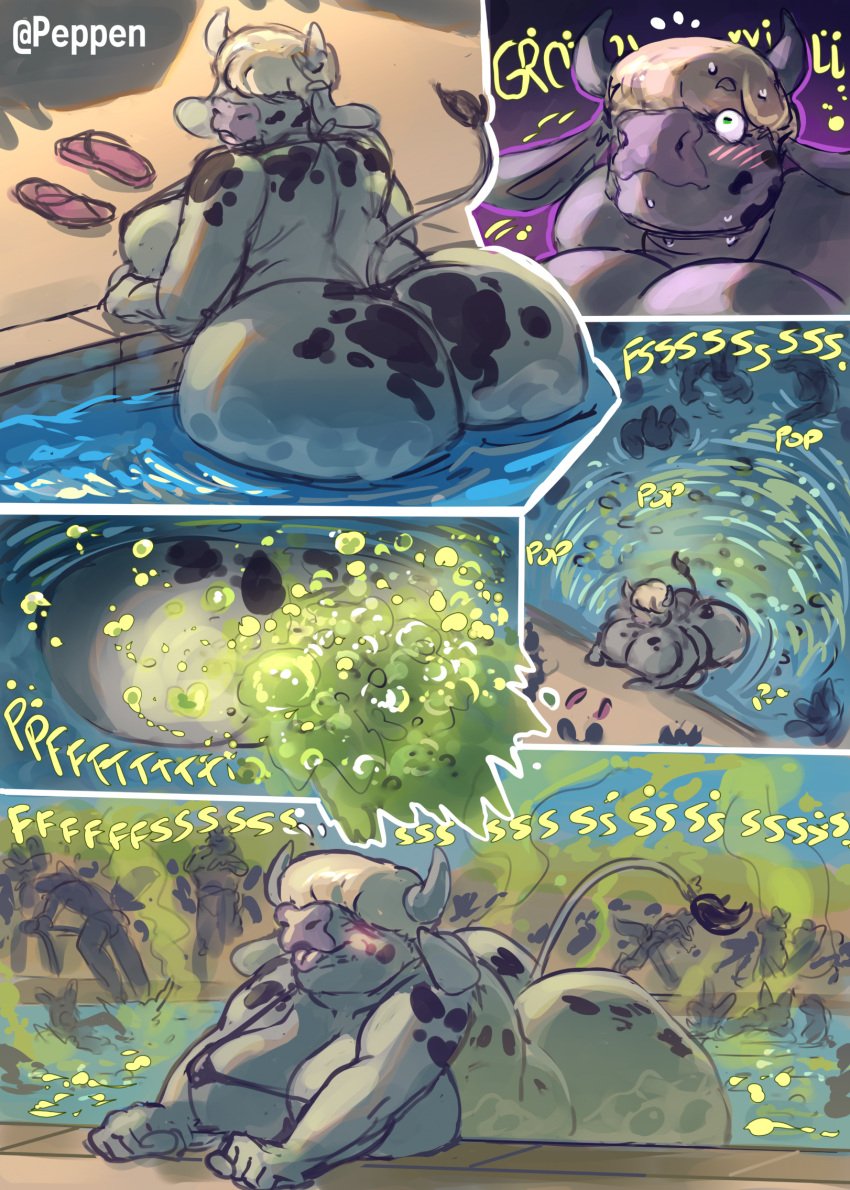 big_ass big_breasts bikini bovine bra cleavage crowd eyes_covered fart fart_bubbles female furry gas gassy hair_over_eyes holding_nose horns hyper_fart open_mouth peppen_(artist) pool public_fart public_pool rear_view relief run running running_away smelly smelly_farts spots_(marking) surprised surprised_expression swimming_pool tail tongue tongue_out wide_eyed