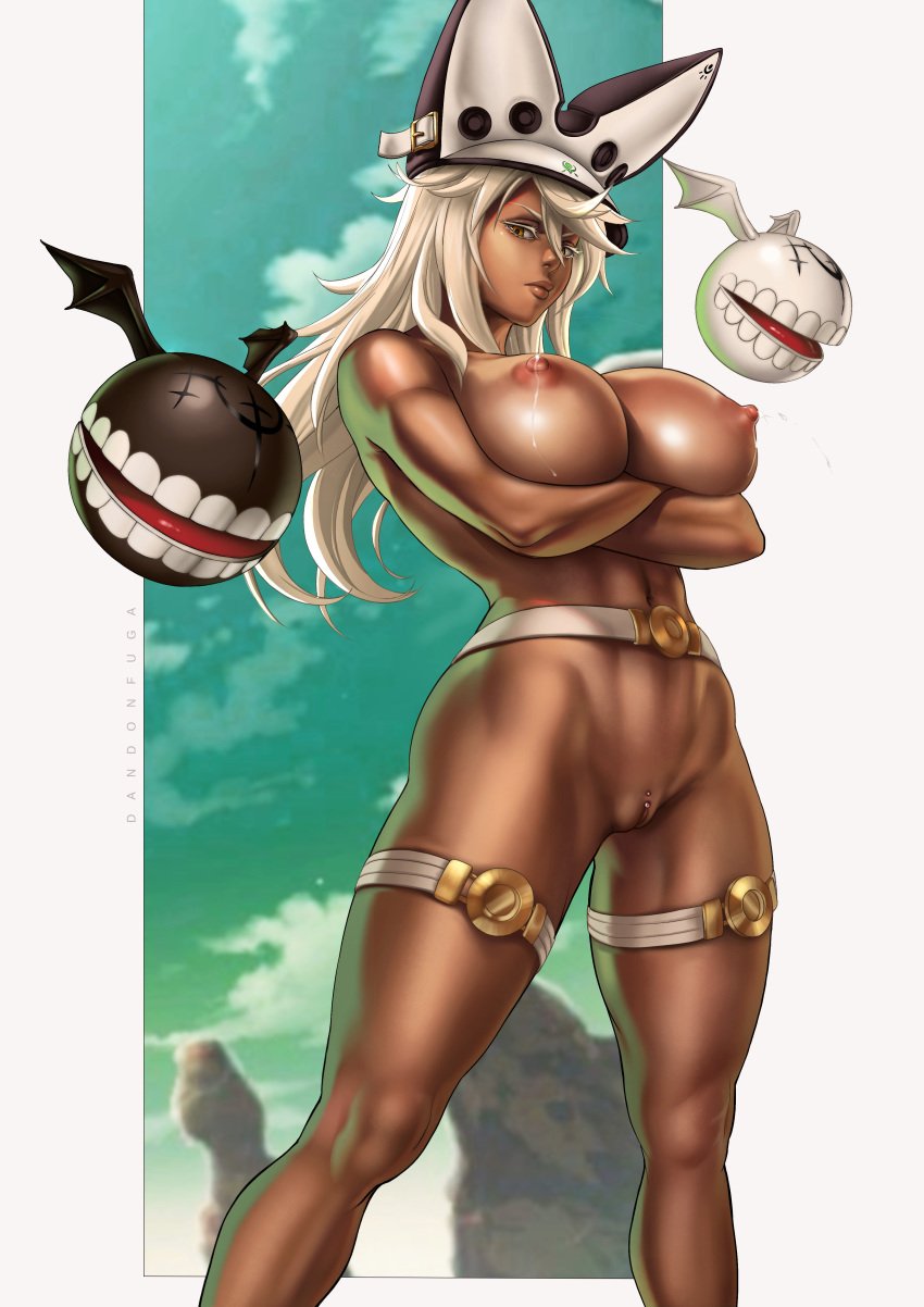 big_breasts breasts brown_eyes clitoris_piercing crossed_arms dandon_fuga dark_skin female guilty_gear guilty_gear_strive hairless_pussy lactating lactation large_breasts long_hair looking_at_viewer milk nude nude_female pierced pussy pussy_juice ramlethal_valentine shaved_pussy standing thick_thighs toned toned_female uncensored white_hair