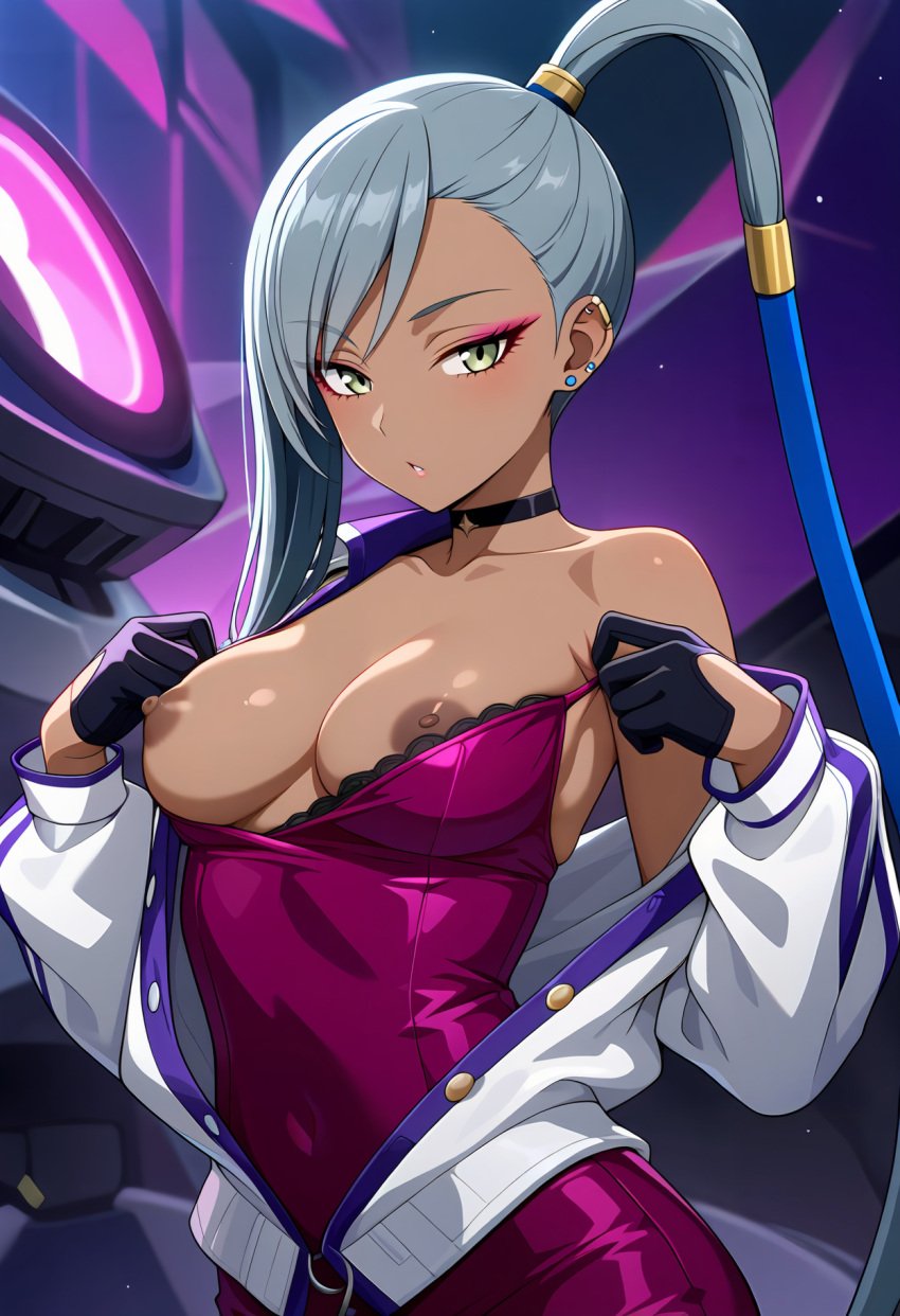 ai_generated areolae choker code_geass dark-skinned_female dress ear_piercing gloves grey_hair looking_at_viewer nipples parted_lips ponytail self_upload stable_diffusion undressing villetta_nu