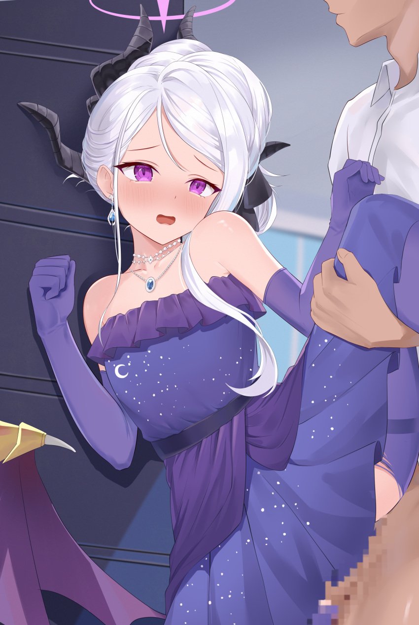 1boy absurdres black_halo blue_archive blush censored demon_girl demon_horns demon_wings dress earrings female gloves halo highres hina_(blue_archive) hina_(dress)_(blue_archive) horns indoors jewelry long_hair male mosaic_censoring necklace off_shoulder official_alternate_costume official_alternate_hairstyle open_mouth pendant purple_dress purple_eyes purple_gloves sensei_(blue_archive) sex standing vividrabbit white_hair wings
