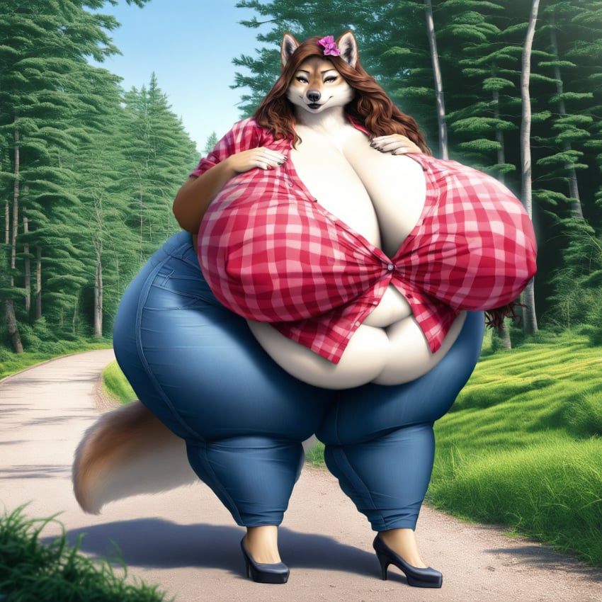1girls ai ai_generated anthro ass belly big_ass big_belly big_breasts breasts canid canine chubby chubby_female clothing ears female forest furry looking_at_viewer mommy nipples overweight overweight_female pants thepyromancerfox thick_thighs timberwolf wolf wolf_girl