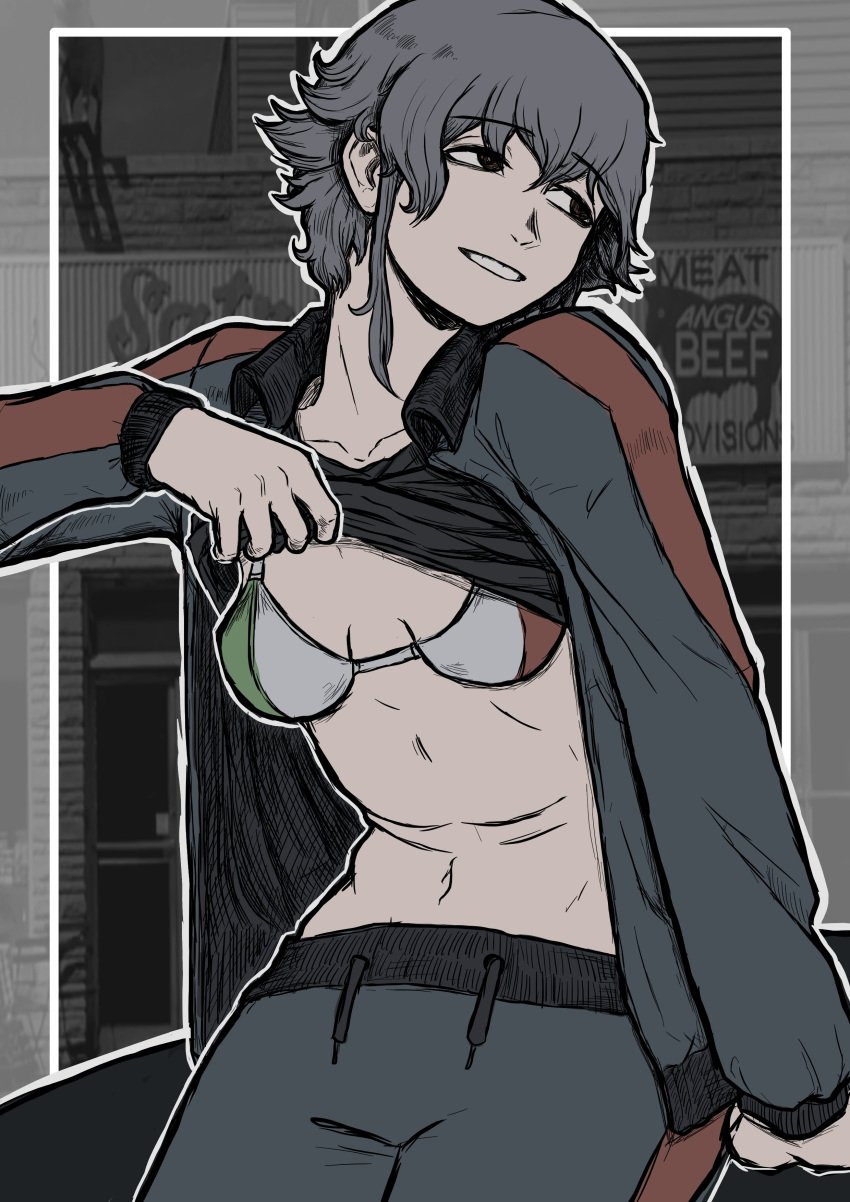 abs absurdres bikini bikini_top_only breasts cleavage flag_print girls_und_panzer highres italian_flag italian_flag_print pepperoni_(girls_und_panzer) satriale&#039;s small_breasts swimsuit the_sopranos track_suit
