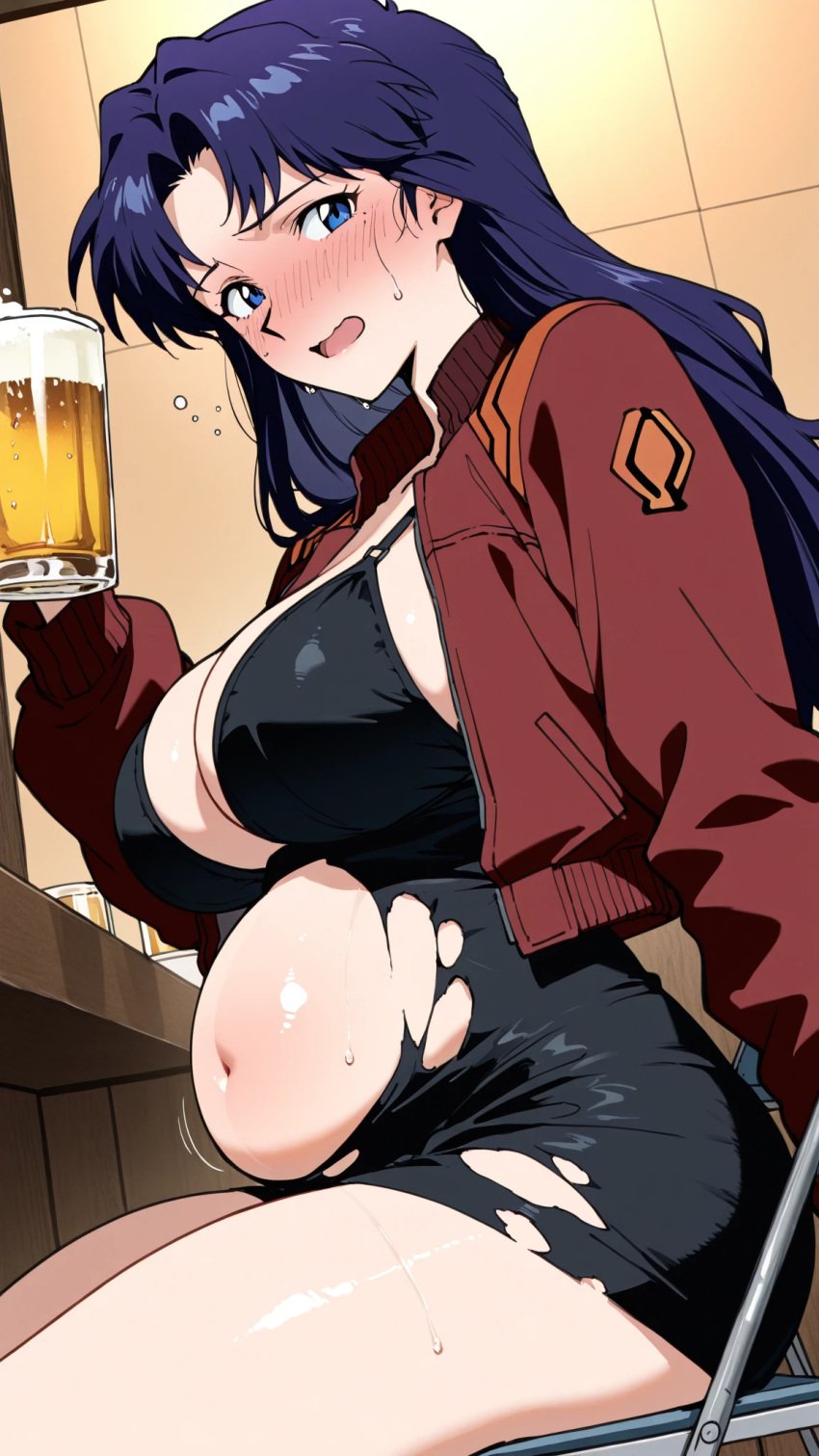 ai_art ai_assisted ai_generated ass belly belly_expansion big_ass big_belly big_breasts curvy dark_hair drunk female female misato_katsuragi neon_genesis_evangelion neopn_genesis_evangelion nude pregnant pub red_eyes voluptuous voluptuous_female white_skin