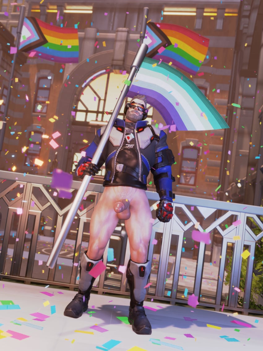 1boy 3d 3d_(artwork) 3d_artwork beard erect erect_cock erect_dick erect_penis erection gay gay_flag glasses half_naked jack_morrison male male_only moustache no_pants no_underwear noches_nsfw old_man overwatch pantless pride_color_flag pride_colors pride_flag proud_of_his_cock pubes public_exposure public_indecency soldier_76 solo solo_male white_hair white_hair_male white_pubes wholesome