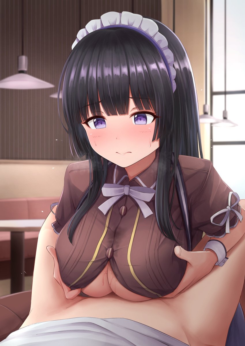 1boy absurdres bang_dream! bangs black_hair blunt_bangs blurry blurry_background blush bow bowtie breast_squeeze breasts brown_shirt buttons closed_mouth collared_shirt commentary_request commission dress_shirt eyebrows_visible_through_hair female frilled_sleeves frills heavy_breathing highres indoors kata2yama lamp large_breasts long_hair looking_at_another maid maid_headdress maid_uniform nose_blush paizuri paizuri_under_clothes partially_unbuttoned pixiv_request purple_eyes restaurant ribbon shiny shiny_hair shirokane_rinko shirt short_sleeves sidelocks solo_focus straight striped striped_shirt sweat table underboob vertical-striped_shirt vertical_stripes waitress wavy_mouth white_bow white_neckwear white_ribbon white_shirt window wrist_cuffs