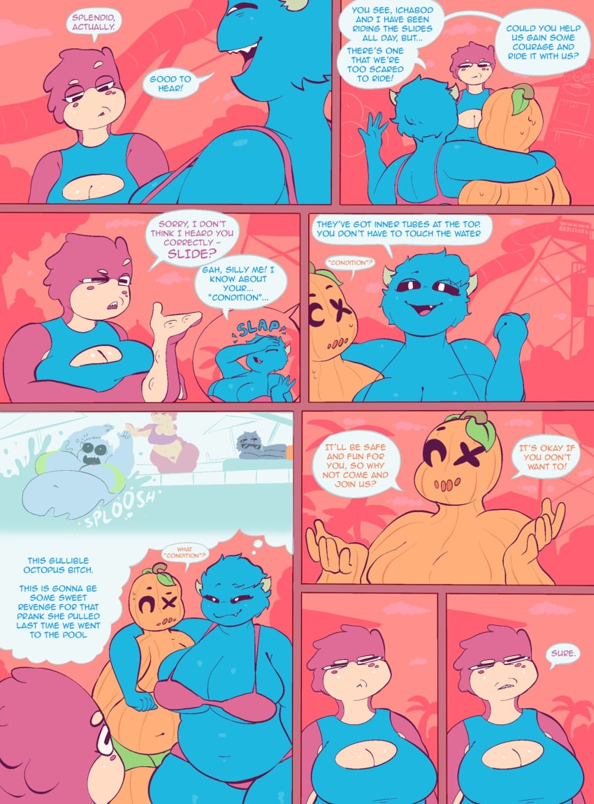 amusement_park anthro big_breasts bikini blue_body blue_clothing breasts clothed clothing coleoid comic demon dialogue english_text eyewear facepalm female food fruit glasses group helah hi_res horn humanoid ichabod_(robuttschei) leaf male mammal marine mollusk octopodiform open_mouth plant profanity pumpkin pupils robuttschei slit_pupils smile swimming_pool swimwear tapo_(robuttschei)cephalopod text two-piece_swimsuit water water_park