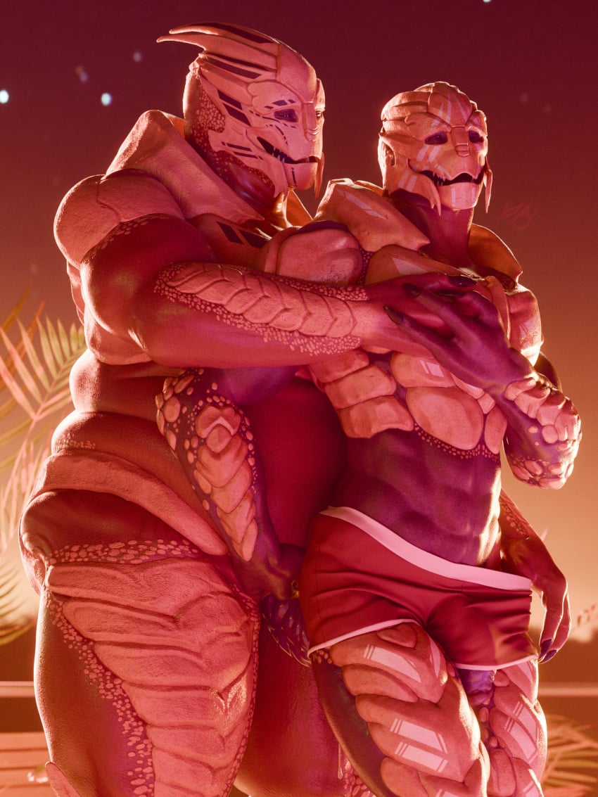 3d_(artwork) absurd_res alien belly bioware bodypaint bulge closed_eyes clothed clothing digital_media_(artwork) duo electronic_arts erection genitals hand_on_belly hand_on_chest hi_res intraspecies kagekave male male/male mass_effect muscular muscular_male nude one_eye_closed open_mouth outside overweight overweight_male partially_clothed penis penis_poking_out penis_through_leghole size_difference sollas standing teeth turian underwear underwear_down verros