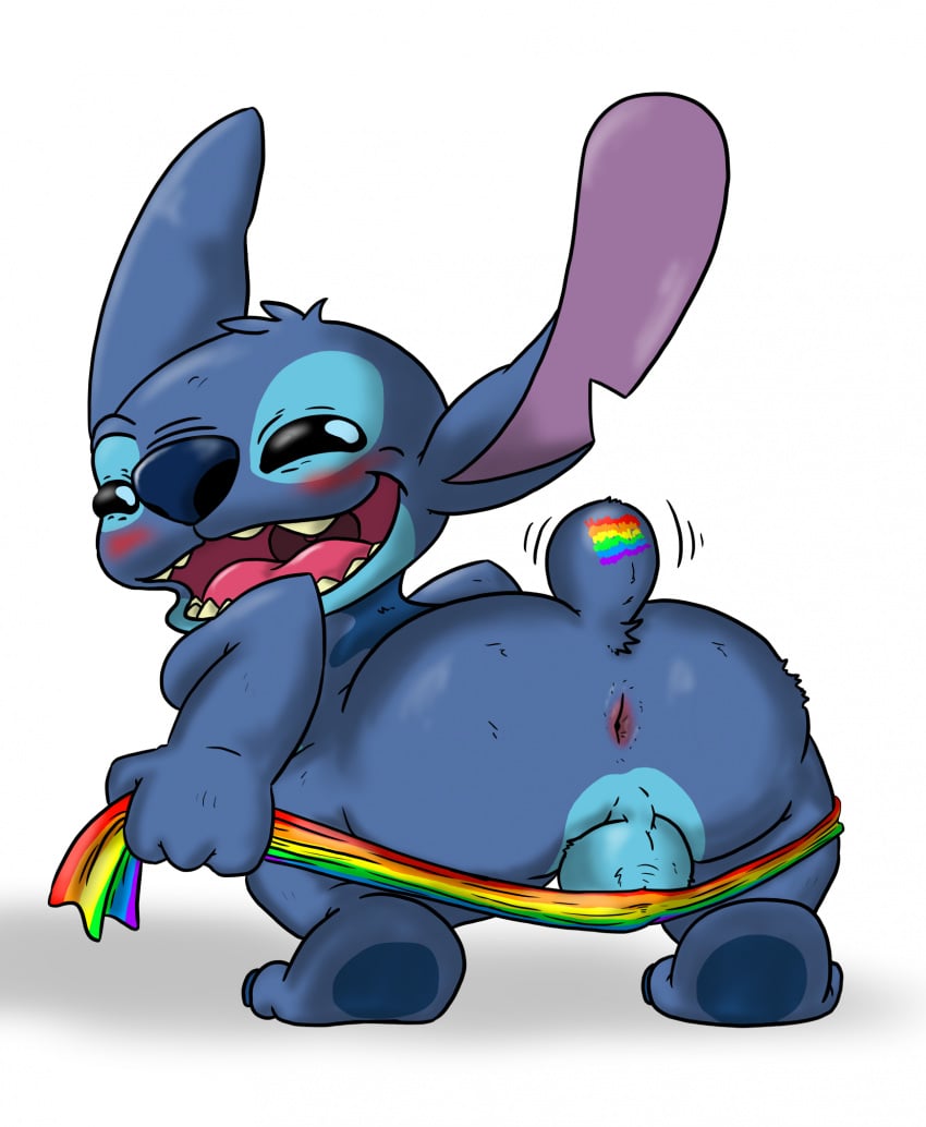 alien anthro anus ass balls bent_over big_butt blue_body blue_fur blush digital_media_(artwork) disney experiment_(lilo_and_stitch) fur genitals hi_res lgbt_pride lgbt_pride_month lilo_and_stitch macro710 male male_only notched_ear open_mouth presenting presenting_hindquarters pride_color_flag rear_view simple_background solo stitch_(lilo_and_stitch) teeth thatweirdguy tongue