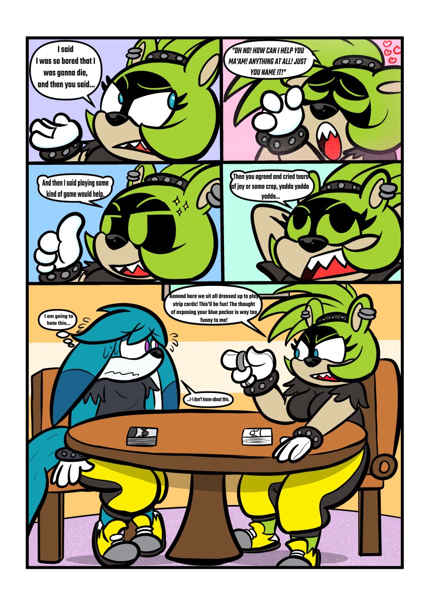 absurd_res accessory afrosoricid anthro blue_eyes bottomwear bracelet canid canine card card_deck card_game clothed clothed_anthro clothed_female clothed_male clothing comic cuff_bracelet dialogue duo ear_piercing ear_ring english_text female fennec_fox footwear fox fully_clothed fully_clothed_anthro fully_clothed_female fully_clothed_male gaming hair_accessory hairband half-shirt hi_res idw_publishing jewelry kaokaoarts kitsunami_the_fennec male mammal oddkao pants piercing purple_eyes quills_(anatomy) ring_piercing sega shirt shoes sonic_(series) sonic_the_hedgehog_(comics) sonic_the_hedgehog_(idw) sonic_the_hedgehog_(series) speech_bubble strip_game strip_games strip_gaming surge_the_tenrec tenrec text topwear true_fox white_sclera