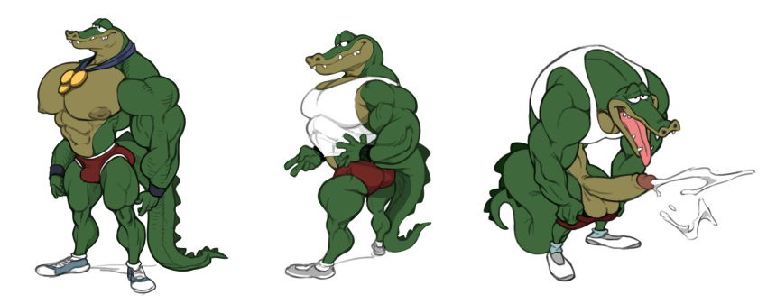 alligator alligatorid analon_(artist) anthro athlete big_nipples bodily_fluids breath clothing crocodile crocodilian crocodylid cum erection genital_fluids gold_medal green_scales green_skin hi_res huge_muscles huge_pecs male male_only muscular nipples panting reptile scales scalie shirt tank_top toomanyboners topwear underwear