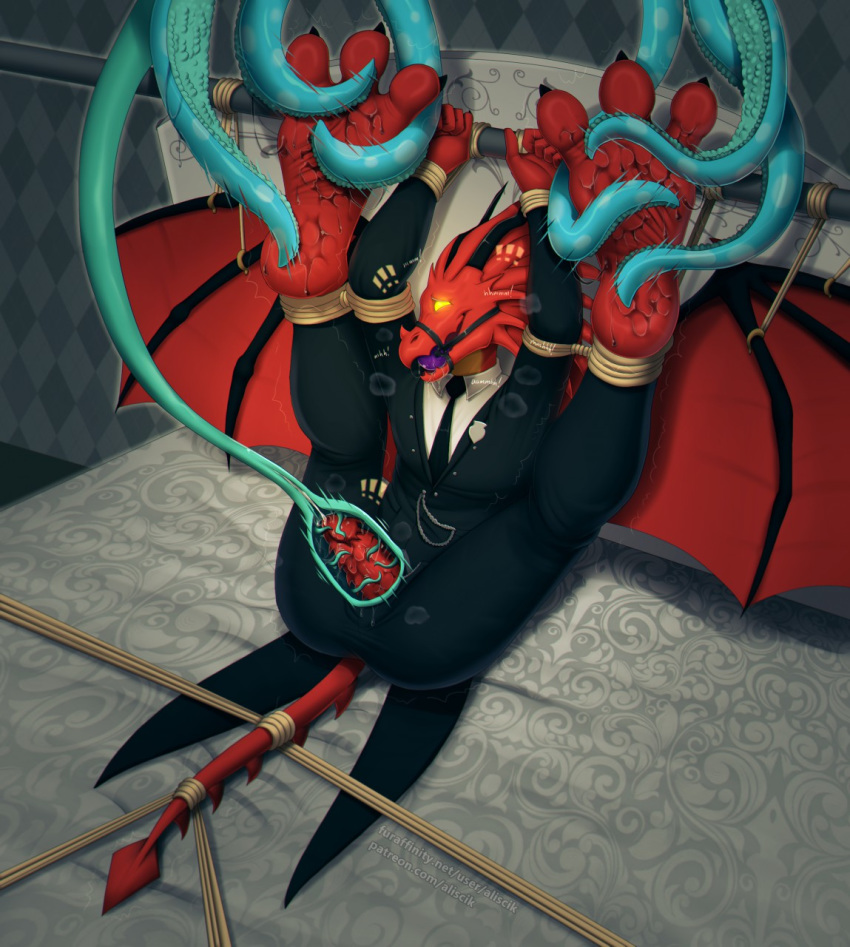 aliscik anthro ball_gag bodily_fluids bondage bound clothed clothing dragon drooling foot_focus gag hi_res male male_only penis rope saliva smile teasing tentacle tickle_torture tickling tickling_feet tickling_penis torture wings yellow_eyes