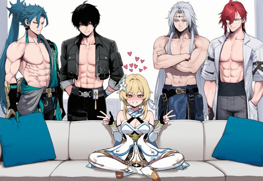 1girl4boys 1girls 4boys abs ai_assisted arms_behind_back black_hair blue_hair brown_eyes calcharo_(wuthering_waves) couch couch_sitting crossed_arms double_v female gang_bang gangbang gangrape genshin_impact group heart hearts_around_head imminent_rape jiyan_(wuthering_waves) lumine_(genshin_impact) male male_rover_(wuthering_waves) meme meme_reference moments_before_disaster mortefi_(wuthering_waves) muscular muscular_male piper_perri_surrounded red_hair rover_(wuthering_waves) sitting topless topless_male truck-kun_art truck_kun white_hair wuthering_waves yellow_eyes
