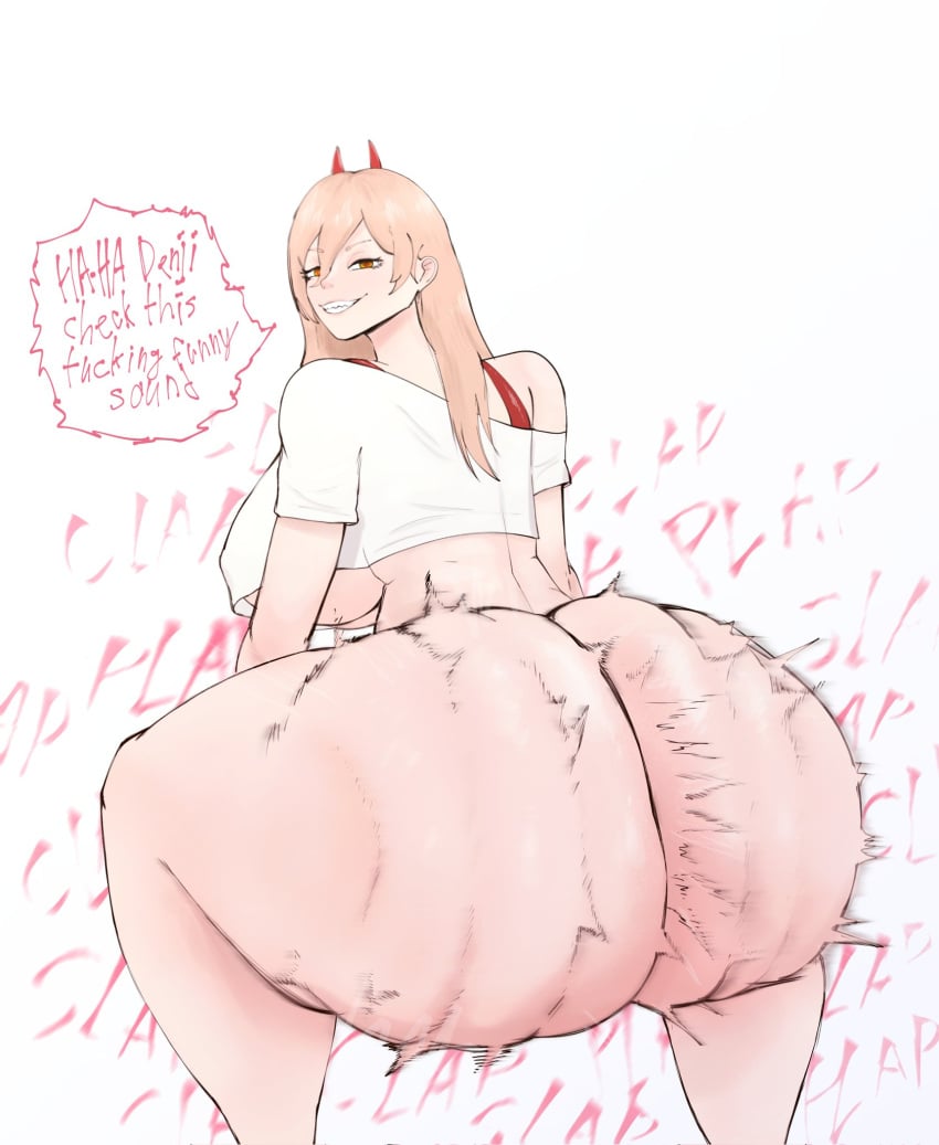 ass big_ass big_breasts bottomless bra_strap breasts chainsaw_man clapping_cheeks english_text happy horn horns ladno_(artist) large_ass plap power_(chainsaw_man) shaking shaking_ass shaking_butt sound_effects talking talking_to_another text thick_thighs thunder_thighs twerking