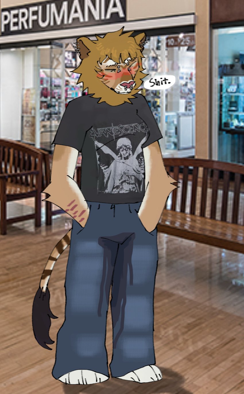 anthro blush bodily_fluids bottomwear centepeed clothing denim denim_bottomwear denim_clothing embarrassed evanescence felid female genital_fluids hi_res hybrid jeans mall mammal pantherine pants photo_background photography_(artwork) piercing public solo text tigon urine watersports wetting