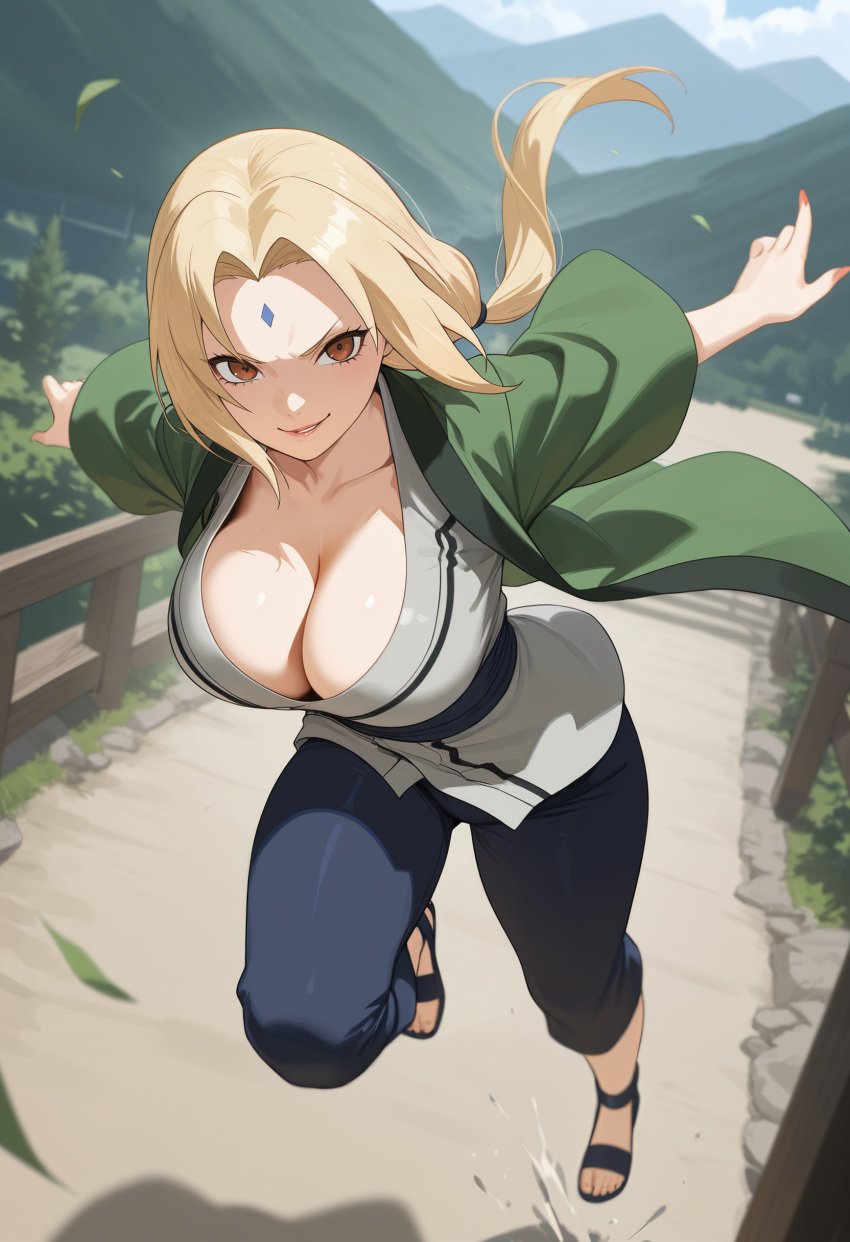 ai_generated big_breasts blonde_hair brown_eyes cleavage danisimoai dynamic_pose facial_mark female forehead_mark full_body jumping midair naruto naruto_(series) naruto_shippuden smirk smirking tsunade