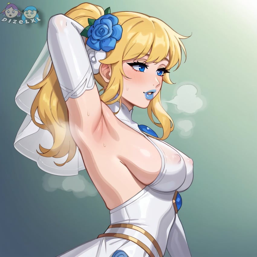 ai ai_generated armpit armpit_fetish armpits blonde_female blonde_hair bride crystal_rose_lux crystal_rose_series dizelxl large_breasts league_of_legends league_of_legends:_wild_rift luxanna_crownguard musk_clouds nipples nipples_visible_through_clothing riot_games steam sweat sweatdrop sweaty_armpits wedding_dress