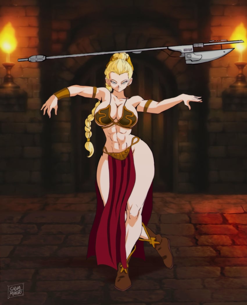 1girls abs android_18 athletic athletic_female belly_dancer belly_dancer_outfit big_breasts blonde_hair blue_eyes boots bracelet braid braided_hair braided_ponytail breasts cleavage cosplay crossover_cosplay dragon_ball dragon_ball_super dragon_ball_z female female_only fit fit_female harem_girl harem_outfit huge_breasts large_breasts loincloth long_hair looking_at_viewer ponytail salvamakoto slave slave_bikini slave_collar slave_leia_(cosplay) slave_outfit slavegirl star_wars thick_thighs weapon