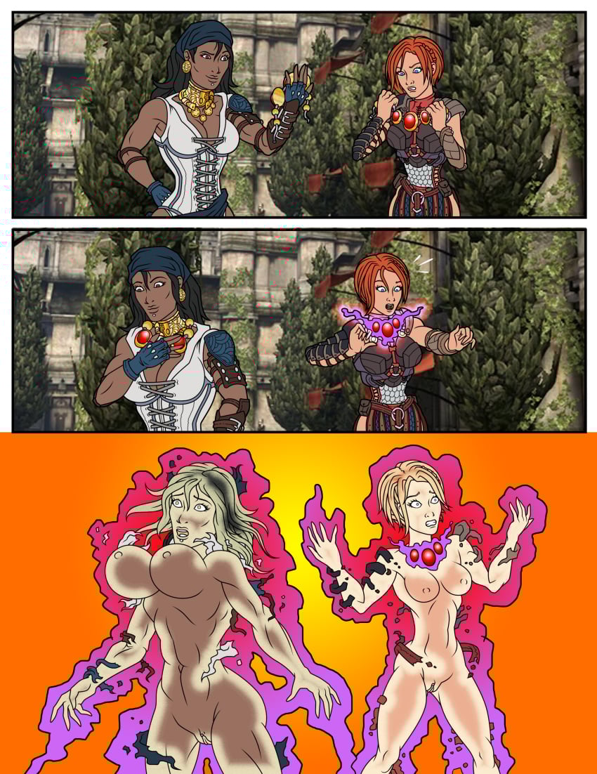 2d 2girls ass_expansion breast_expansion collar comic corrupted corruption demon_girl dragon_age dragon_age_2 dragon_age_origins evil_grin female female_only glowing_eyes hair_color_change iceman2436 isabela_(dragon_age) leliana nipples pussy re-maker skin_color_change thigh_expansion transformation