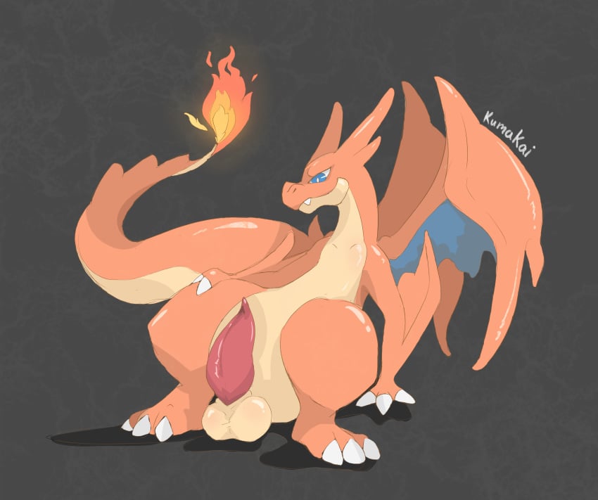 2019 animal_genitalia animal_penis balls big_balls big_penis charizard claws digital_media_(artwork) dragon erection fire hi_res kumakai male male_only mega_charizard_y nintendo nude penis pokémon_(species) pokemon pokemon_(species) pokemon_rgby pokemon_xy scalie simple_background sitting smile solo video_games wings