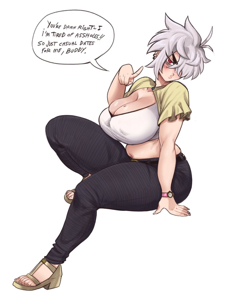 1girls aunt aunt_hellen_(insouwu) belly belly_button big_breasts boob_window boobs breasts chubby chubby_female ear_piercing eyebags female female_only high_heels insouwu massive_breasts mature mature_female milf mole mole_on_breast oc original_character pants piercing piercings pointing pointing_at_viewer red_eyes text tomboy_milf