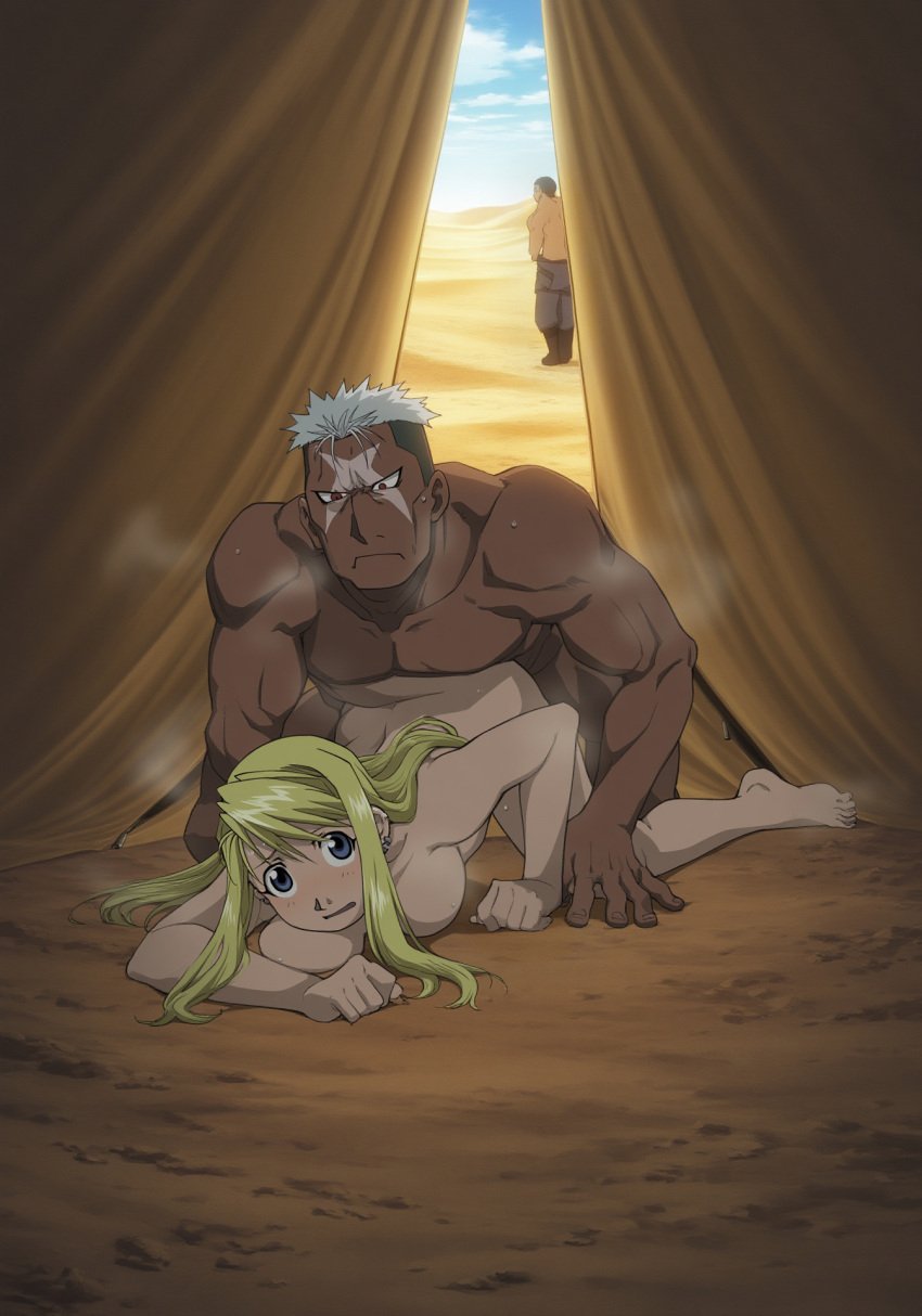 1boy 1girls abasta ai_generated all_fours automail barefoot blonde_hair blue_eyes blush breasts cheating completely_nude completely_nude_female dark dark-skinned_male dark_skin desert doggy_style feet female fullmetal_alchemist hiding interracial light-skinned_female male netorare nude nude_female scar_(fullmetal_alchemist) sex smug surprised tent vaginal_penetration vaginal_sex winry_rockbell
