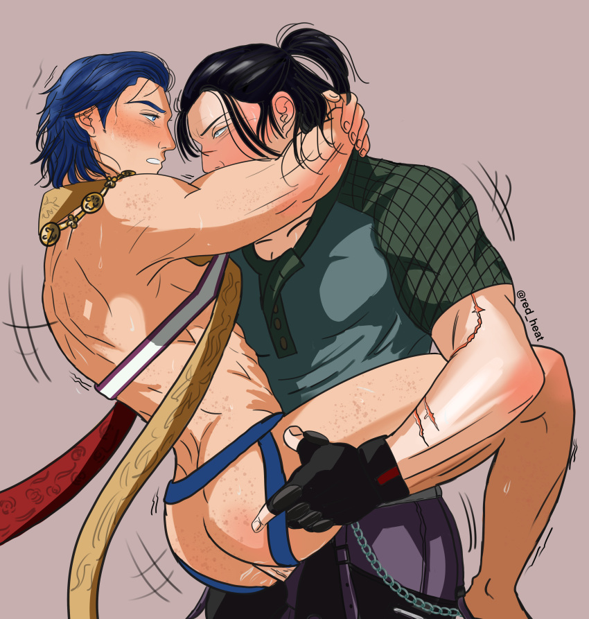 black_hair blue_hair bottomless_male claudio_serafino clothed_sex clothes clothing eyes_open freckles gay gay_anal gay_male gay_sex homosexual homosexual_sex male muscular muscular_male red_heat scar sergei_dragunov sexy stand_and_carry_position standing standing_sex sweat tekken tekken_8 topless video_games