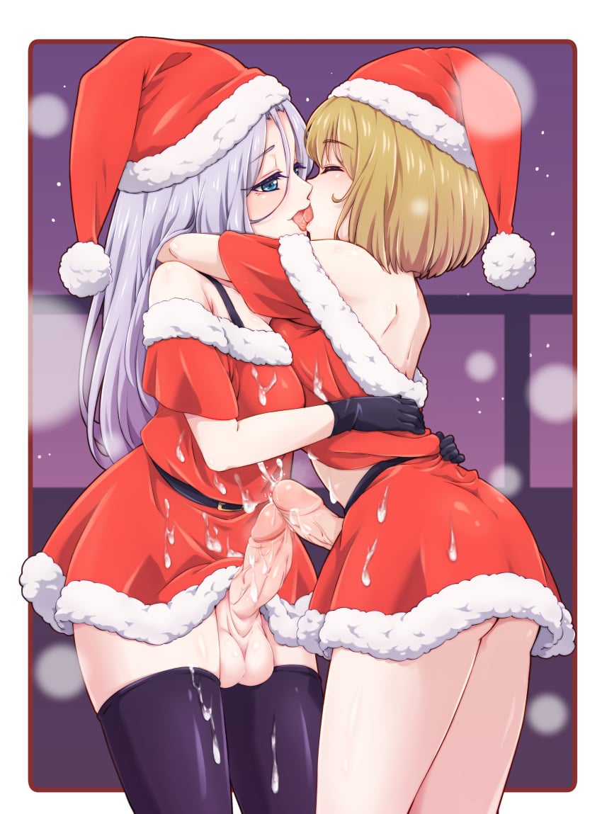 2futas cum_everywhere decensored frottage futa_with_futa futanari intersex kissing kujya santa_costume tagme uncensored