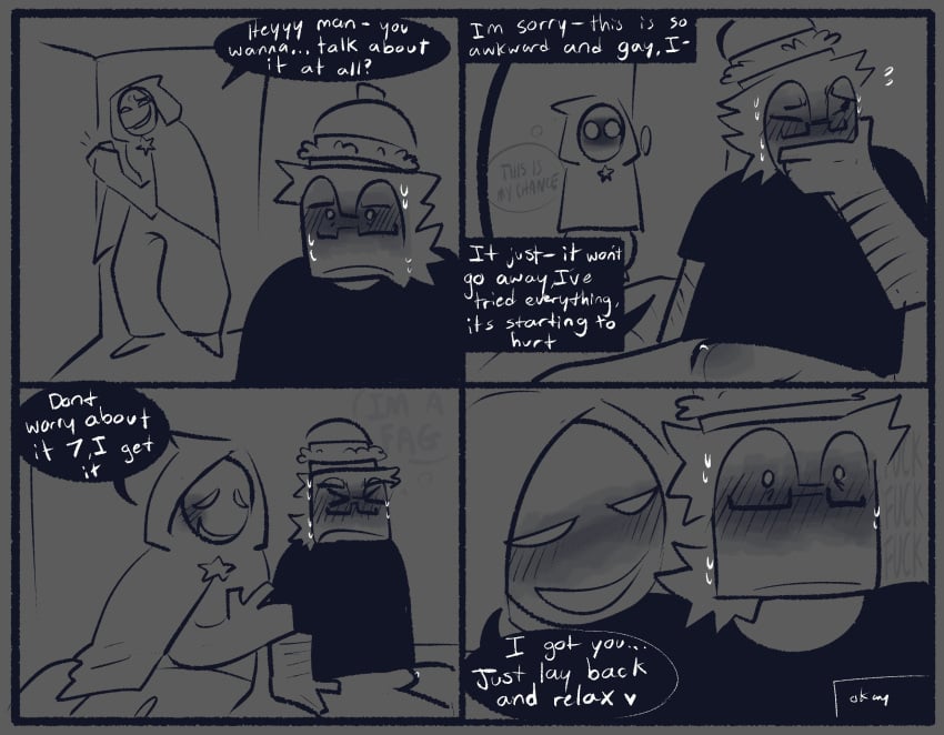 007n7_(forsaken) 2boys blush boner boner_in_pants clothed forsaken_(roblox) gay hairy_arms hand_covering_mouth noli_(forsaken) slur sweat yaoi