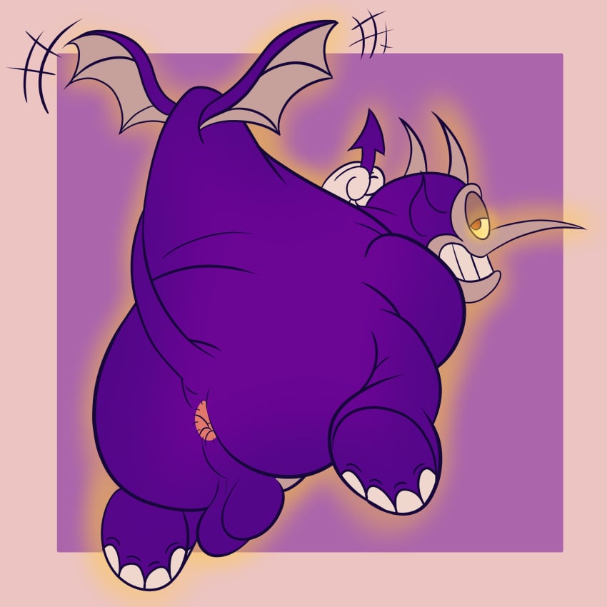 4_fingers 4_toes absurd_res anthro anus aroused ass balls bat_wings bob-jiggles butt_focus clothing cuphead_(game) demon elephant elephantid fat_demon_(cuphead) fatty_humps feet fingers flying genitals gloves glowing glowing_body glowing_eyes grin grinning_at_viewer handwear hi_res horn long_nose long_tail looking_at_viewer looking_back looking_back_at_viewer male mammal membrane_(anatomy) membranous_wings overweight overweight_male penis plantigrade pointy_nose proboscidean purple_background purple_body red_eyes simple_background smile smiling_at_viewer solo solo_male spade_tail tail tail_pull toes white_clothing white_gloves white_handwear wings wings_flapping yellow_sclera