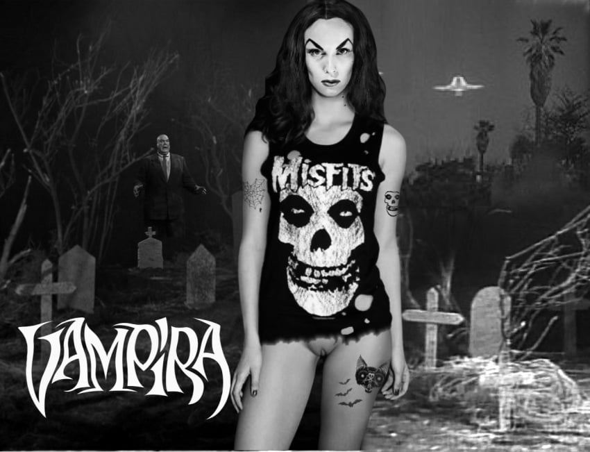 black_and_white fakes goth goth_girl misfits_(band) photoshop plan_9_from_outer_space punk punk_girl realistic shirt_only tor_johnson vagina vampira vampire vampire_girl